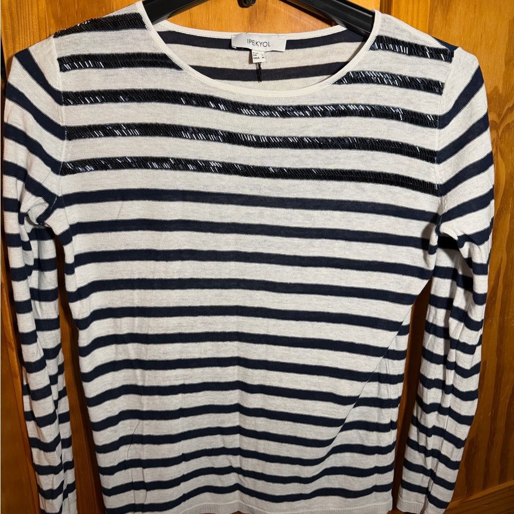 Ipekyol Women's Navy and White Striped Linen Blend Top With Metallic Detail